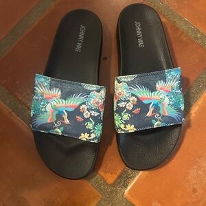 Johnny Was Black Dreamer Slides with Colorful Bird Design, NWOB 10